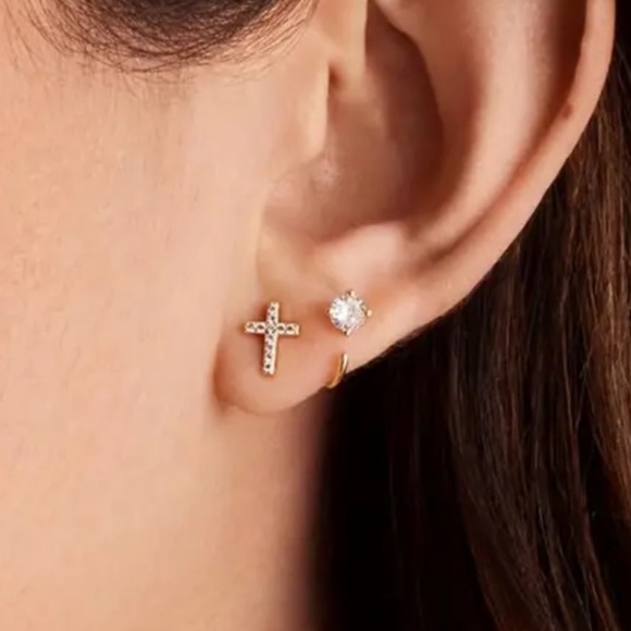 Cross Stud Gold and Diamond earrings 925 Sterling Silver New - Picture 1 of 6